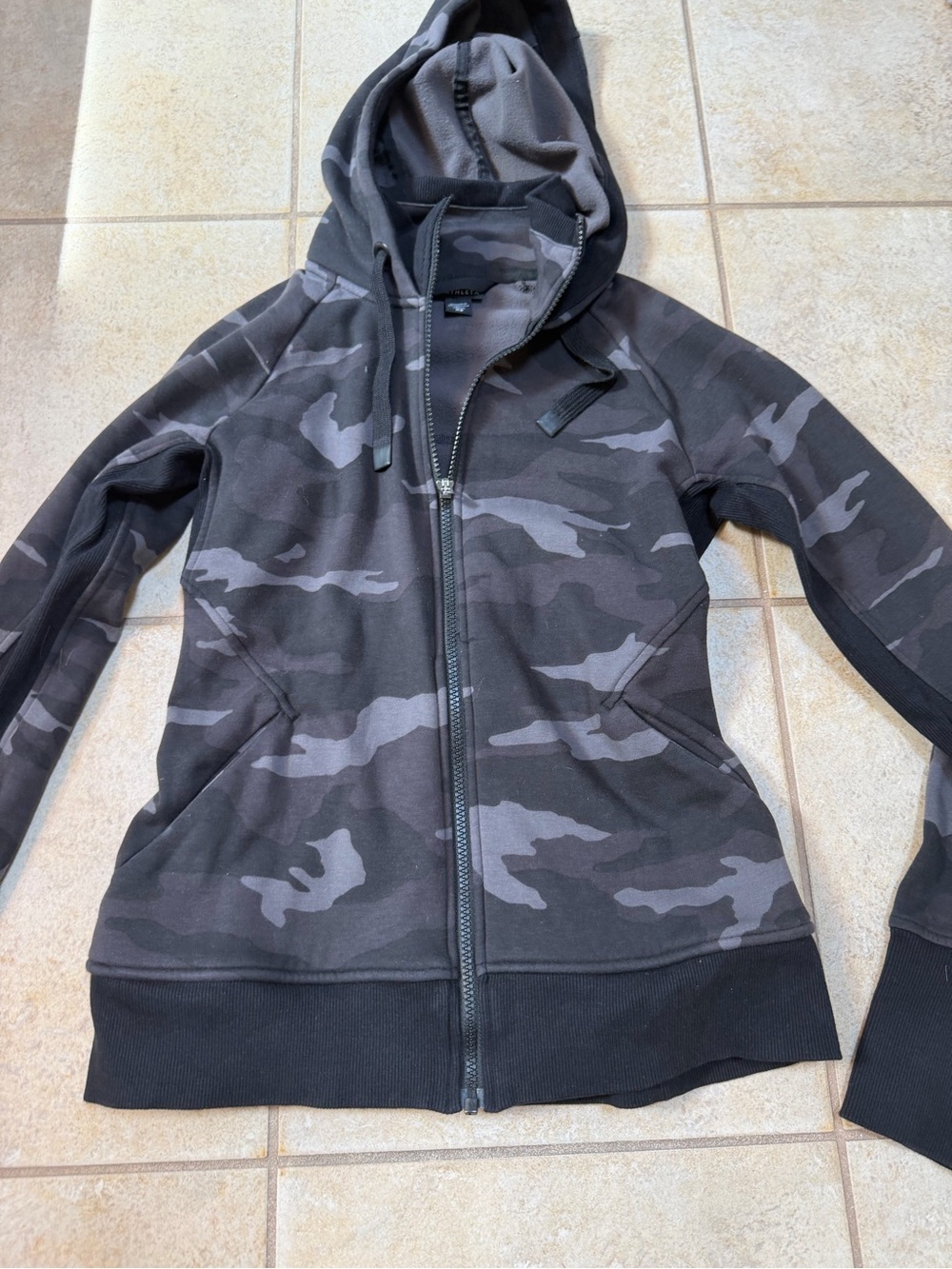 Athleta Black & Gray Camo Zip-Up Hooded Bomber Jacket